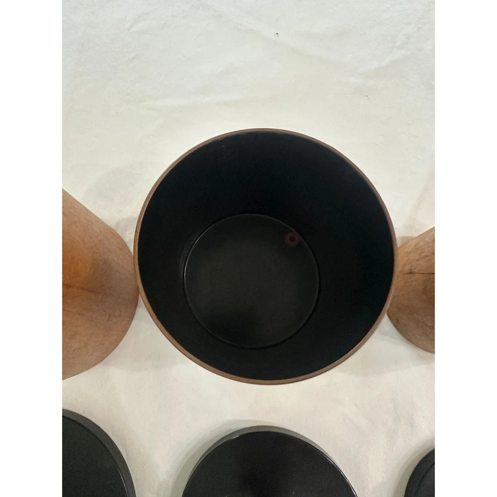 Vintage MCM Wood Grain Canister Set 3 Piece Black Lids Kitchen Storage